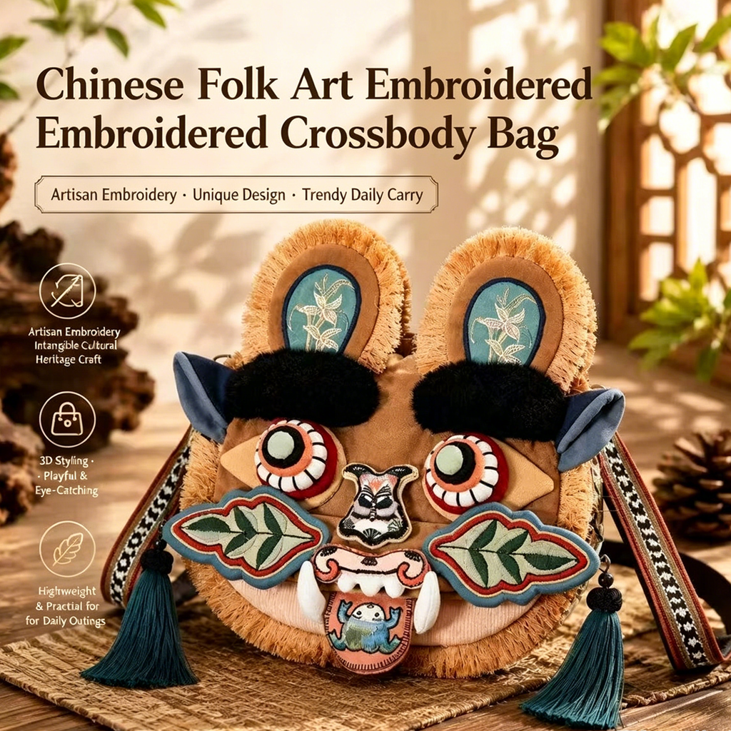 Chinese Folk Art Tiger Head Crossbody Bag - Hand-Embroidered Ethnic Style Purse